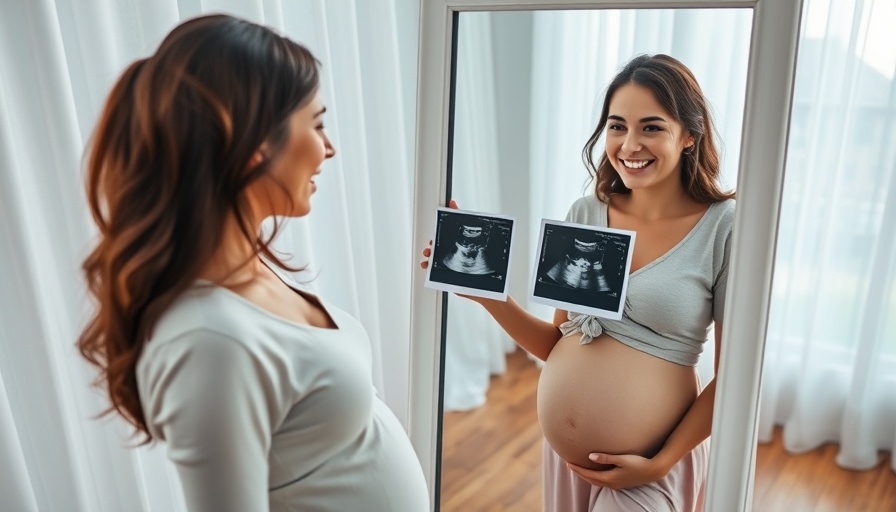 Smiling pregnant woman with ultrasound images in parenting news.