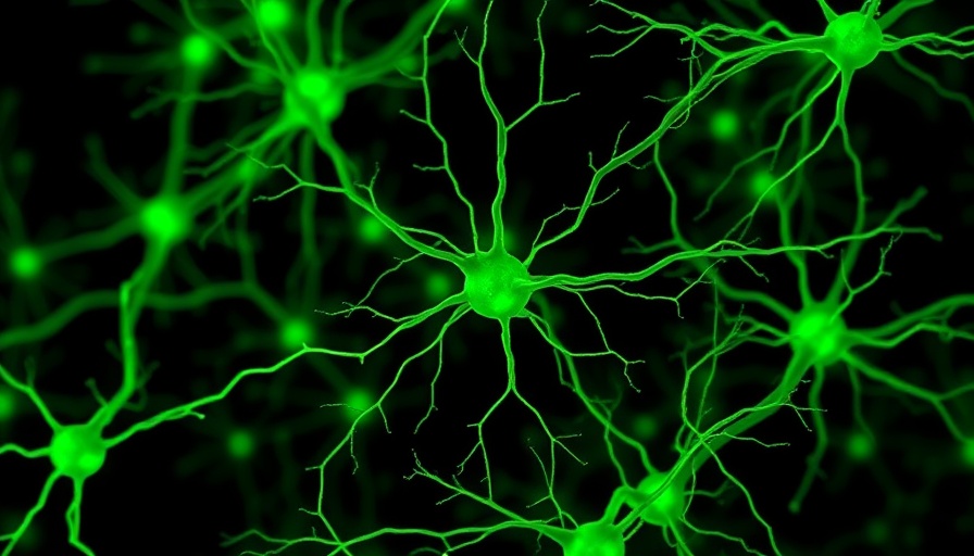 Fluorescent green astrocytes showing neural network connections.