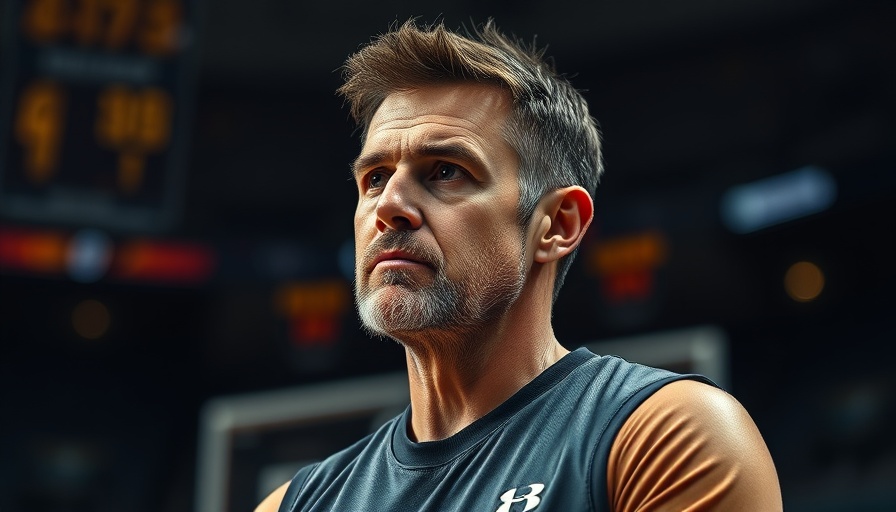 Basketball coach in arena looking thoughtful