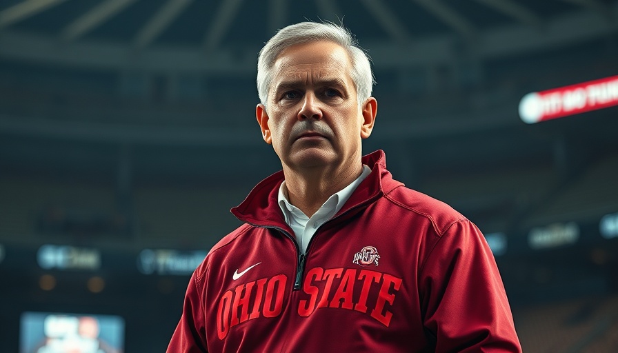 Ohio basketball coach in Ohio State pullover looking serious.