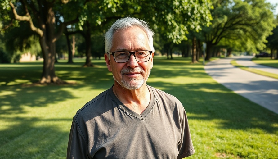 Middle-aged man on lawn, trees in background, summer day.