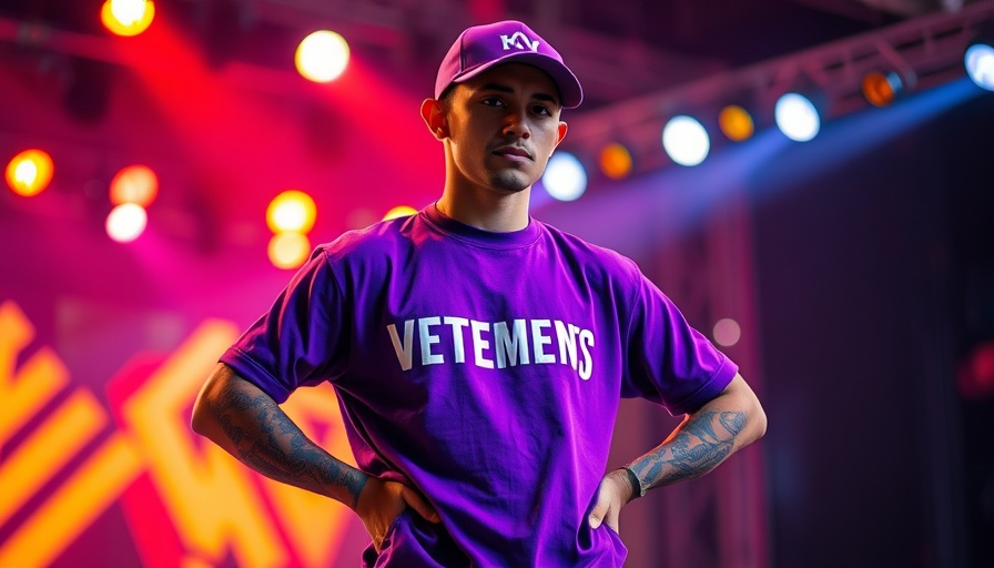 Artist in Vetements shirt performing on a colorful stage