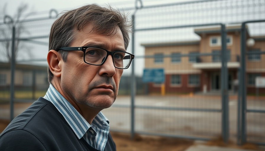 Serious man observing detention facility, related to immigration policy USA.