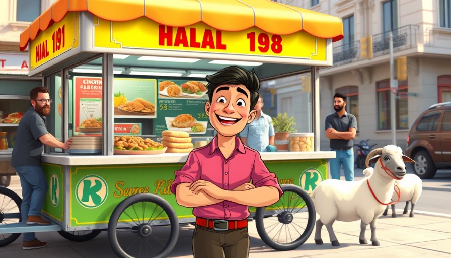 Halal cart owner animated series scene with cheerful vendor and food cart.