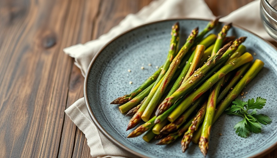 Charred asparagus salad on a grey plate, rustic setting.