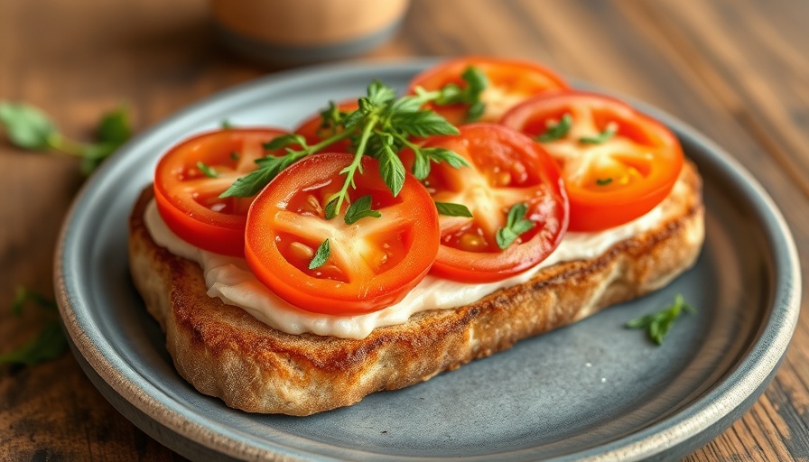 Open-faced tomato sandwich recipe on rustic plate