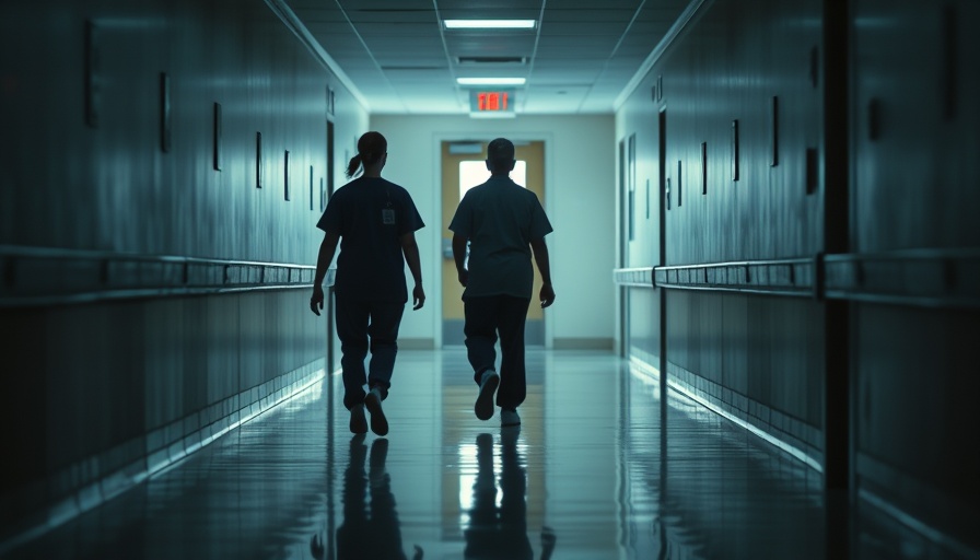 Nursing home hallway with nurse and patient silhouette.