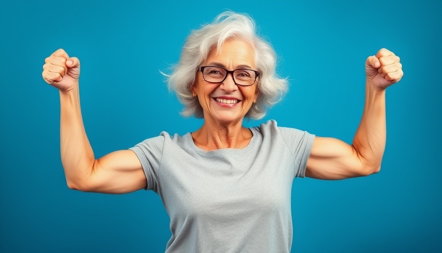 Energetic elderly woman promoting longevity foods while flexing muscles.
