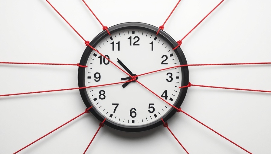 Clock with red strings tied, symbolizing health and wellness stress.