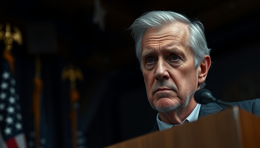 Older man speaking at podium with flags in dim lighting.