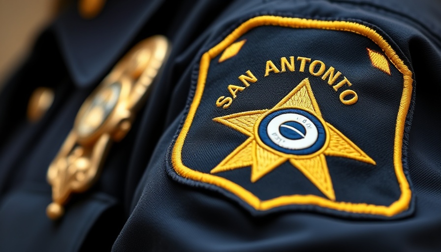 San Antonio Police badge on uniform, highlighting school safety.