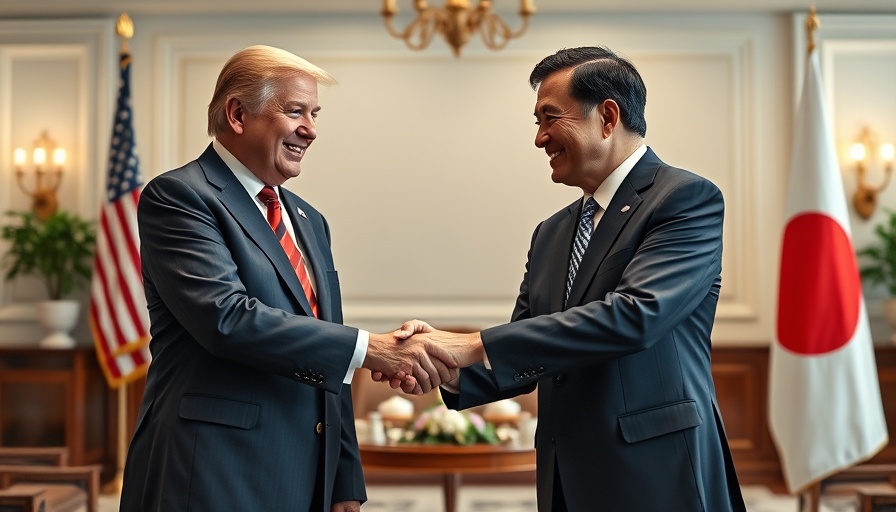U.S.-Japan diplomatic meeting with flags and handshake.