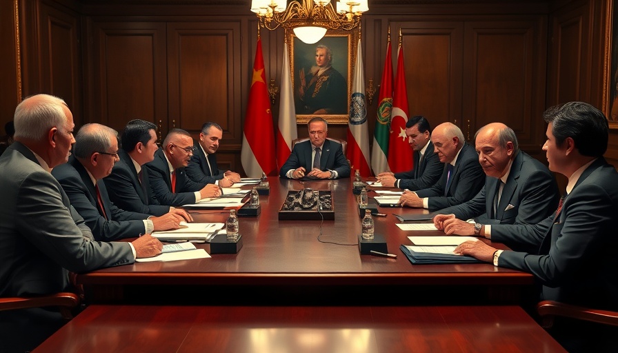 Diplomatic meeting scene with officials discussing international relations.