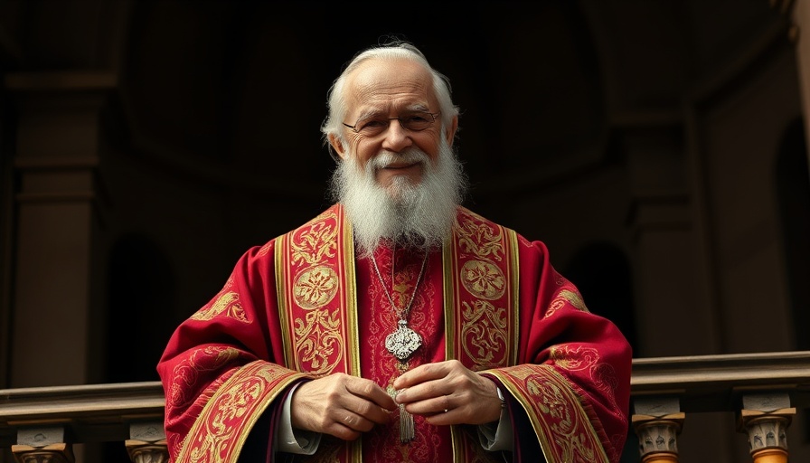 Elderly religious figure in ornate vestments smiling gently on a balcony.