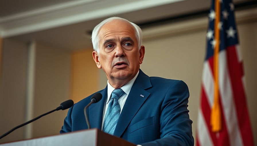 Elderly man speaking at podium, American flag backdrop, photorealistic.