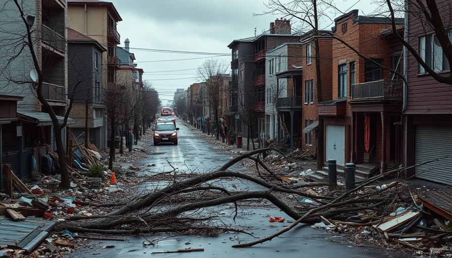 Severe weather aftermath in St. Louis with damaged neighborhood.