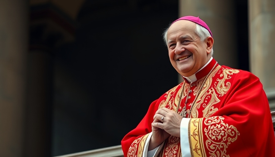 Papal figure in ornate robes smiling on balcony with clergy.