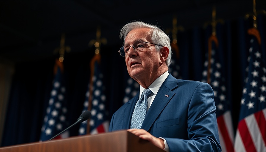 Older man in a blue suit speaking at a podium with flags.