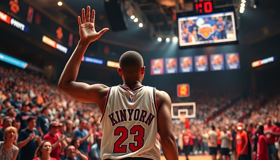 Knicks starting lineup action on basketball court with dynamic lighting.
