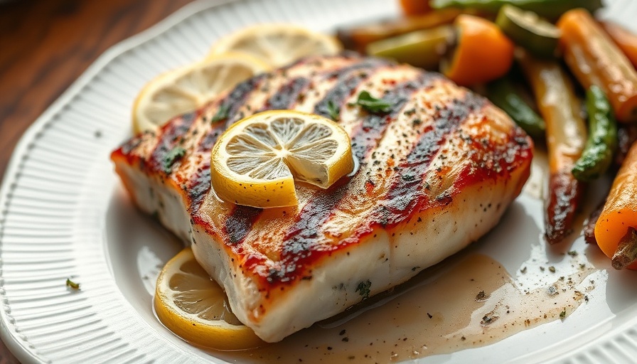 Grilled halibut steak with lemon and herbs on a white plate.