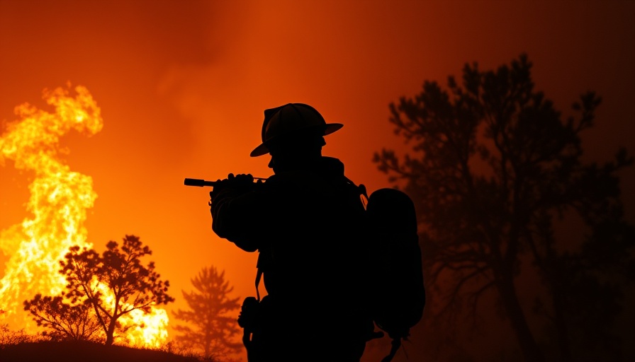 Houston warehouse fire smoke with firefighter silhouette against orange sky.