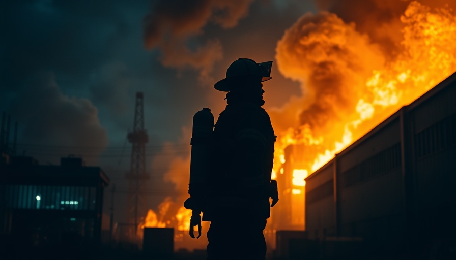 Warehouse fire in North Houston with firefighter silhouette at night.