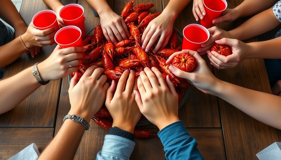 Houston dining scene with hands at a lively crawfish boil.