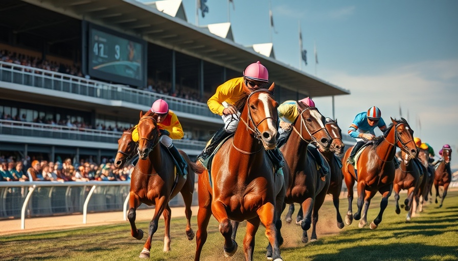 Horses and jockeys racing at the 150th Preakness Stakes.