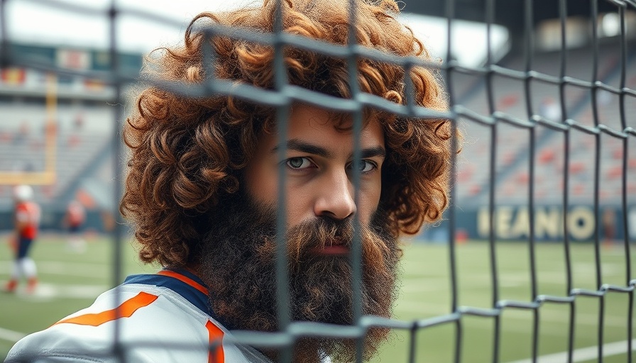 Person in wig and beard looks through fence at sports event. Is that Bob Ross?