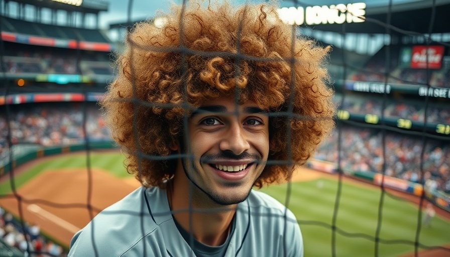 Young man with Bob Ross wig at baseball game, close-up portrait.