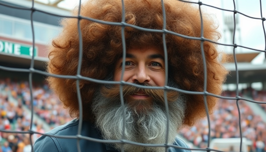 Bob Ross lookalike with curly wig behind sports barrier.