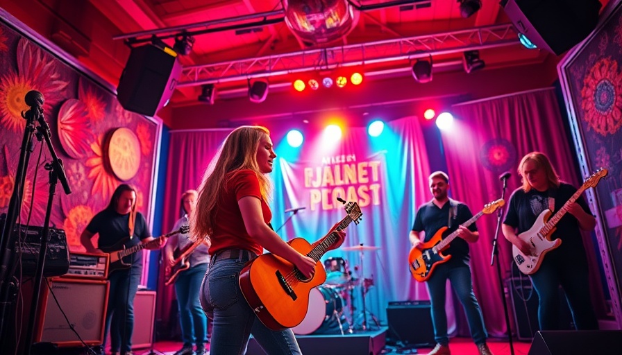 Live music performance scene with band members and colorful lighting.
