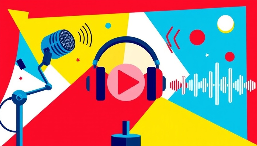 Podcast graphic with microphones and headphones, vibrant design.