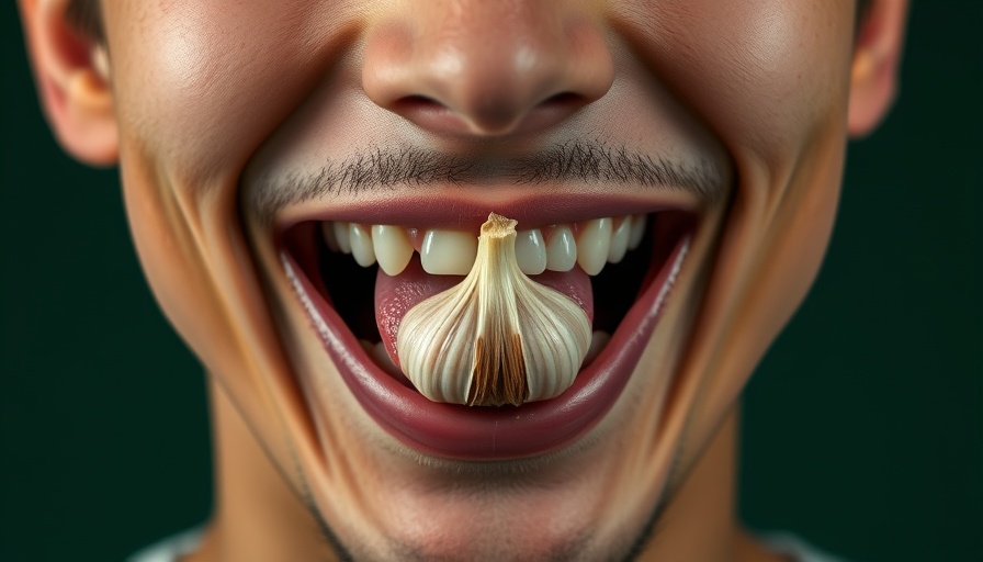 Close-up of a person with garlic on tongue highlighting health impact.