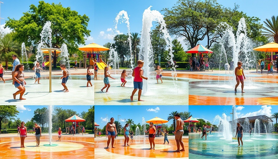 Children and adults enjoying splash pads in Houston
