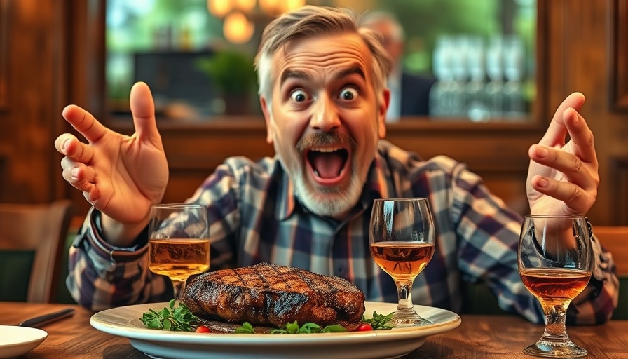 Surprised middle-aged man pointing at steak and whiskey, highlighting health tips for seniors.