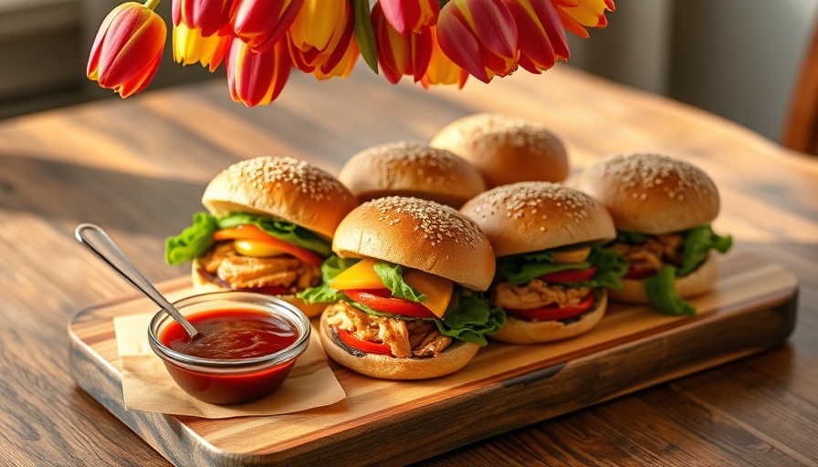 Rhubarb BBQ pulled chicken sliders on board with tulips overhead