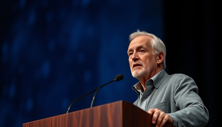 Older man speaking at podium with a serious expression, dark blue background.