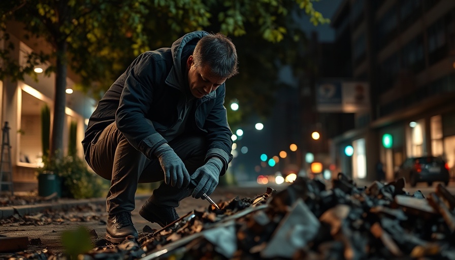 FBI investigations, investigator examining debris in urban setting at night.