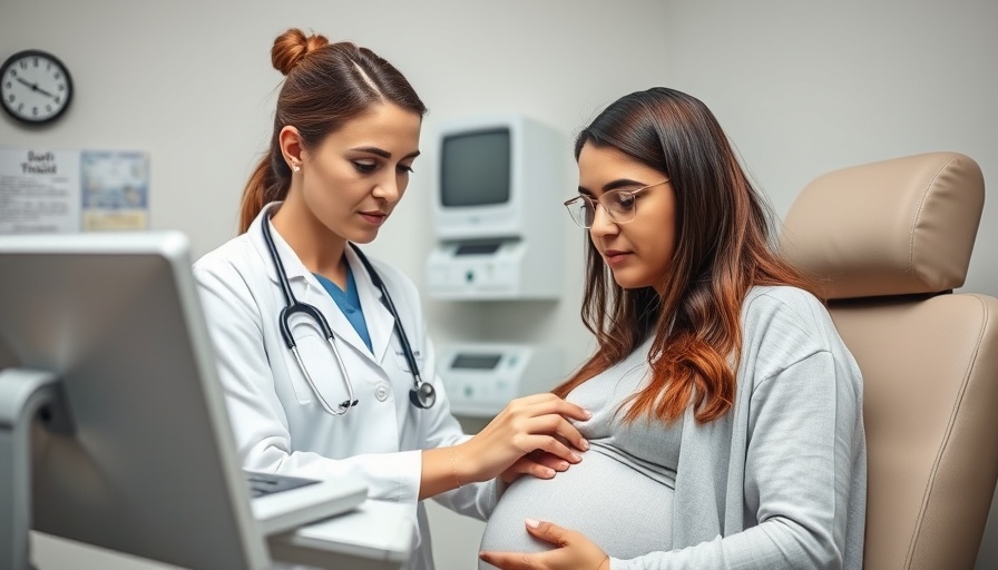 Rural maternal healthcare access depicted with a pregnant woman receiving a medical check-up from a doctor in a clinic.