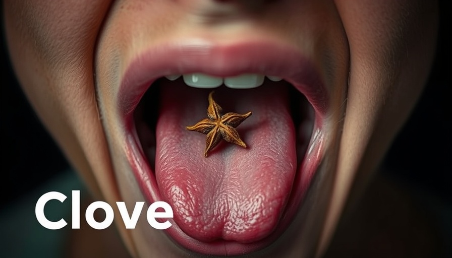 Health benefits of chewing cloves daily: close-up of tongue with clove