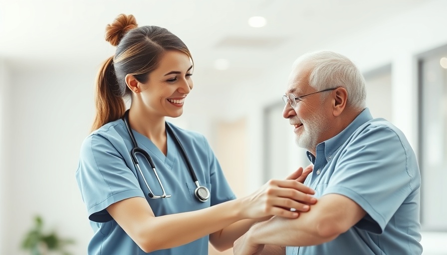Value-based care in action with nurse assisting elderly man.