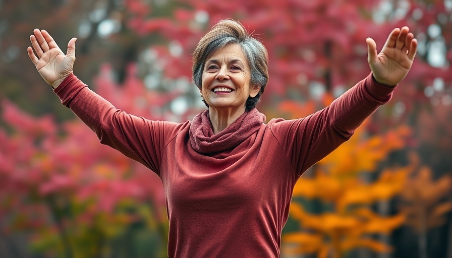 Middle-aged woman exercising with vibrant autumn backdrop, promoting 10 minutes critical exercises to remain independent.