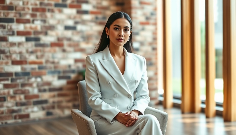 Elegant woman in white suit seated in modern studio.