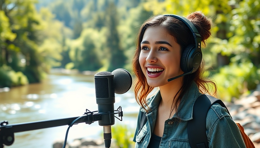 Young woman recording audio by a river in a Texas state park scene.