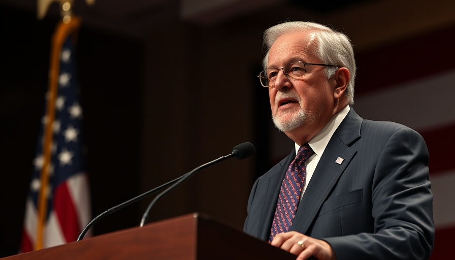 Elderly man giving a speech at a podium with an American flag backdrop.