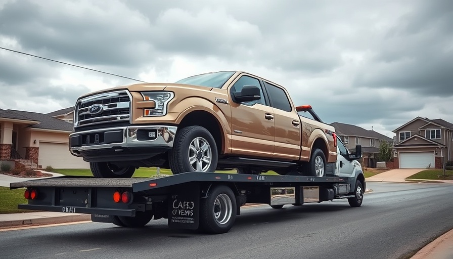 Tow truck in San Antonio neighborhood carrying pickup, cloudy sky