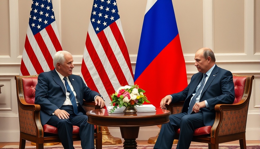 Trump and Putin in engaged discussion with flags.