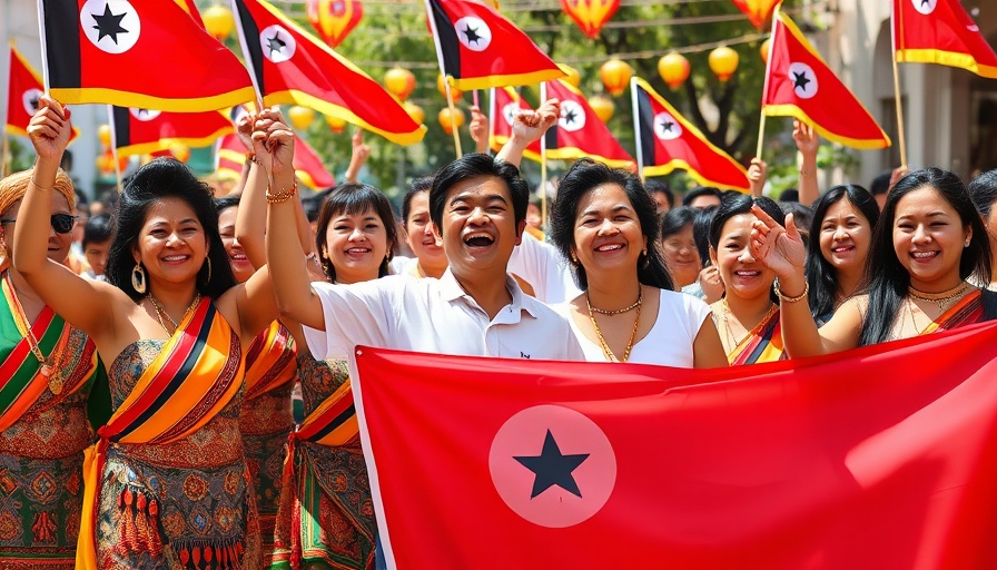 Group celebrating Timor-Leste National Day with flags and joy.