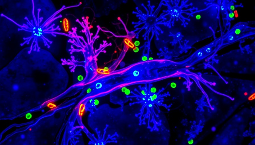 Microscopic view of blood-brain barrier technology with fluorescent markers.